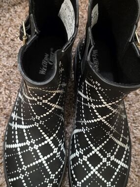 Western Chief Black Ankle Rain Boots with White Dot Lattice
